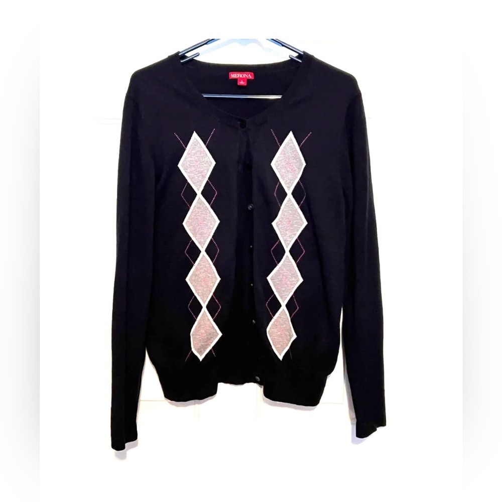 Merona Women's Black Sweater Gray White Pink Diamonds Size XXL NWT